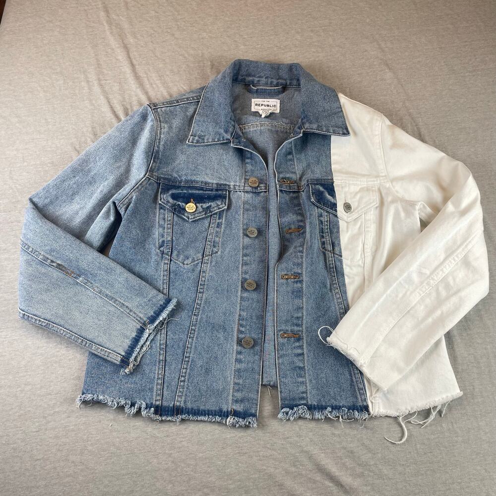 For The Republic Two Tone Denim Jacket Blue White S Small M Oversize Raw Edge